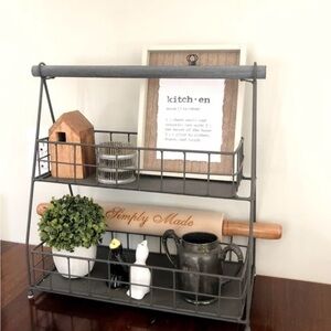 Two-Tier Metal Organizer Etagere Wooden Handle Accents Rustic Industrial#0725258